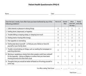 Image of the Patient Health Questionnaire (PHQ-9), a standardized depression screening tool. It includes nine items assessing the frequency of depressive symptoms over the past two weeks, such as loss of interest, depressed mood, sleep issues, low energy, appetite changes, feelings of failure, trouble concentrating, psychomotor changes, and suicidal thoughts. Each item is rated on a 4-point scale from 0 (Not at all) to 3 (Nearly every day), with a space for calculating the total score at the bottom.