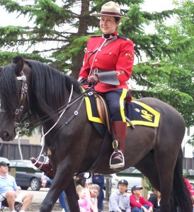 A member of the Royal Canadian Mounted Police (RCMP) in the traditional red serge uniform, wide-brimmed hat, and riding boots, sits on a dark brown horse during a public event. People are seated and watching in the background.