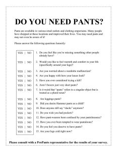 Satirical survey titled 'Do You Need Pants?' encourages individuals to reflect on their need for pants. The form includes a humorous introduction suggesting that many people may benefit from pants without realizing it. Fifteen yes-or-no questions follow, asking things like: 'Do you feel like you're missing something others have?', 'Would you like warmth and comfort around your legs?', and 'Are your legs cold right now?' The survey ends by advising the reader to consult a 'ProPants representative' for the results.