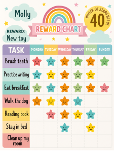 A colorful children’s reward chart is shown with the title “Molly’s Reward Chart” beneath a rainbow graphic. The reward for completing tasks is a new toy, and 40 stars are needed to earn it. The chart is organized as a grid with 7 columns (one for each day of the week: Monday to Sunday) and 7 rows of tasks: Tasks (from top to bottom): Brush teeth Practice writing Eat breakfast Walk the dog Reading book Stay in bed Clean up my room Each cell in the chart contains a colorful star (red, yellow, green, orange, blue, or pink) with a smiling face indicating that the task was completed that day. Some cells are empty, indicating the task was not completed. The overall style is cheerful and playful, with clouds, stars, and pastel colors decorating the border.