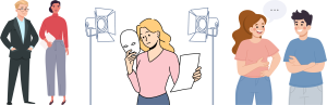 Image by Madison Conrad, CC BY-NC-SA An illustration showing three different scenes of human interaction and observation. On the left, a man in a suit and a woman in a red top stand side by side, suggesting formal or evaluative observation. In the center, a woman stands between two studio lights holding a script and a theatrical mask, symbolizing role-playing or performance-based behavior assessment. On the right, a woman and a man are casually chatting, representing natural social interaction or informal observation.