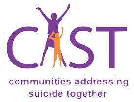 Logo for "CAST" in large purple letters. Inside the letter "A," two human figures are depicted — a larger purple figure with arms raised in celebration and a smaller orange figure standing in front, also with raised arms. Beneath "CAST," the tagline reads in purple lowercase letters: "communities addressing suicide together."