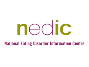 Logo for "nedic" written in lowercase letters, with "ne" and "ic" in olive green and the "d" in magenta. Below, in magenta uppercase letters, the text reads: "National Eating Disorder Information Centre."