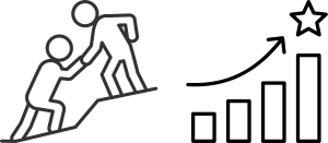 Simple line illustration of one person standing on a slope and reaching down to pull another person up—symbolizing help, support, and guidance.