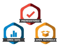 Three open science badges. The top badge is red with a check mark labeled 'Preregistered.' The bottom left badge is blue with a bar chart labeled 'Open Data.' The bottom right badge is orange with an open box labeled 'Open Materials.'