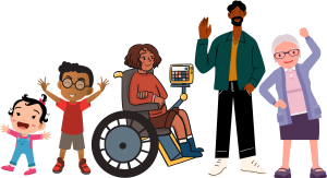 Image by Madison Conrad, CC BY-NC-SA Illustration of five diverse people standing together. From left to right: a smiling toddler with arms raised, a boy with glasses raising his arms, a woman using a wheelchair with a communication device, a tall man waving, and an elderly woman with glasses smiling and lifting one arm in the air.