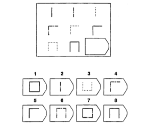 Example of a Raven’s Progressive Matrices test item. The top part shows a 3x3 matrix of geometric patterns with one missing piece in the bottom-right corner. The task is to identify which of the eight answer options below (numbered 1–8) correctly completes the pattern. Each option contains a variation of a geometric figure inside a pentagon-shaped frame.