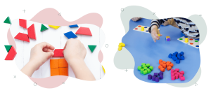Two images of children playing math games. The first is with coloured shaped. The second is with coloured blocks that match to a card and coloured dice.