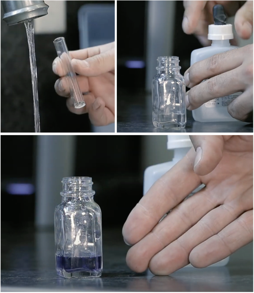 Three pictures of the water testing process. First: adding water to the small, plastic collection tube. Second: Putting the water from the collection tube into the glass testing bottle. Third: Add and mix hardness reagent to water in glass bottle. The colour of the water is blue.