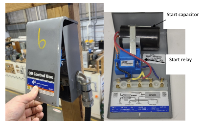 A submersible pump control box. The start capacitor, which is a large black cylinder at the top, and the start relay, a blue box under the capacitor, are labelled.
