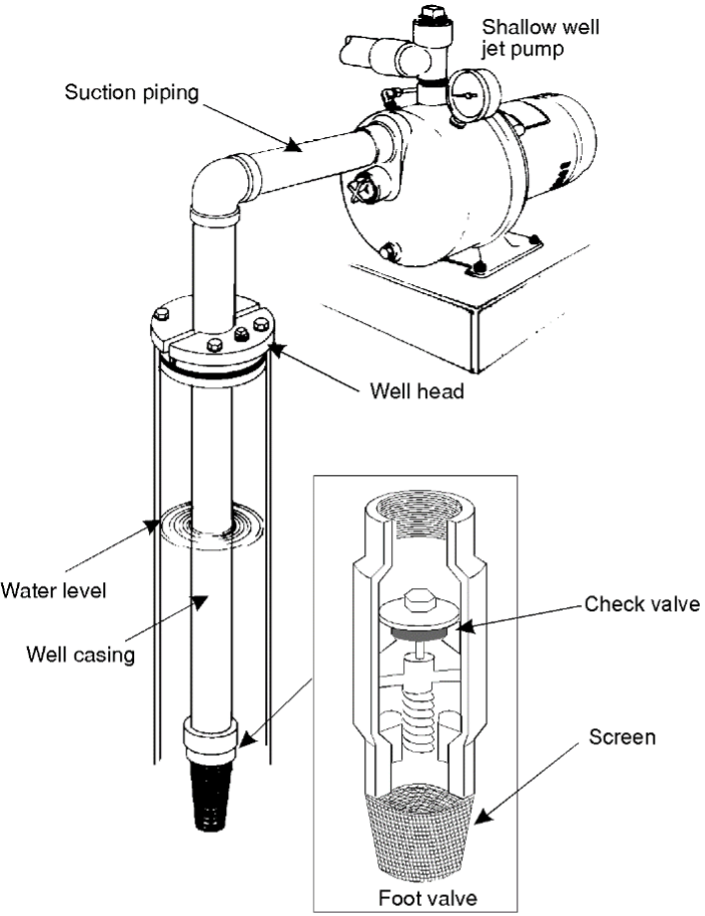A labelled diagram of a shallow well jet pump, highlighting the components of the foot valve. The pump system consists of, from bottom to top, the foot valve, well casing, well head, suction piping, and the shallow well jet pump. The well casing and food valve are below the water level. The foot valve is comprised of a screen and a check valve, which limits the flow of water.