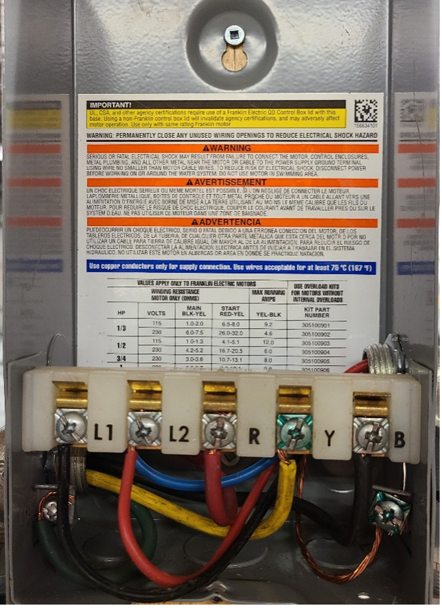 A control box. The connections are labelled L1, L2, R, Y, and B.