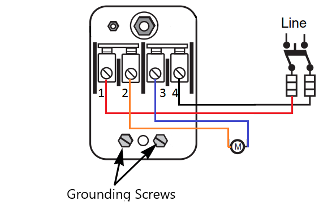 A labelled diagram of a pressure switch wiring. There are two grounding screws and four wire connections. Connections 1 and 4 are connected to the incoming power leads. Connections 2 and 3 connect to the motor.