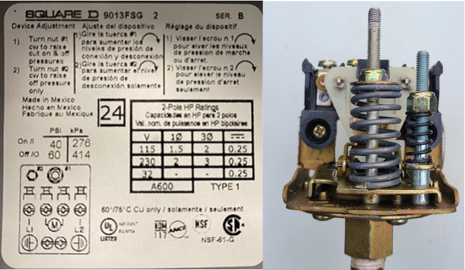 Two images of a pressure switch cover being removed. The left image shows information on device adjustment in English, Spanish, and French: Step 1. Turn nut #1 clockwise to raise cut on and off pressures. Step 2. Turn nut #2 clockwise to raise off pressure only. It also shows the voltage information for the device. The right image is a picture of the pressure switch itself, highlighting the two springs with their range adjustment nuts and screws. The spring on the left is wider and taller with a longer screw. The spring on the right is thinner and shorter with a shorter screw.
