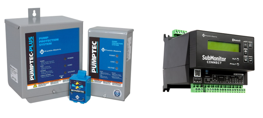 Two examples of pump no load protection devices. The left example is a PumpTec-Plus pump protection system and has three components, two of which are large grey boxes with LED light indicators and one being a small blue box with physical dials. The right example is a SubMonitor Connect pump protection system and has one comonent with an LED screen and buttons.