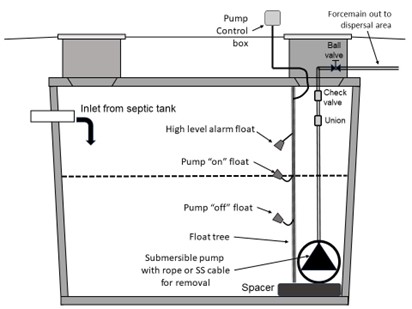 A labelled diagram of a dosing tank with a pump, detailing its key components from top to bottom. It includes a pump control box and the force main leading to the dispersal field, featuring an isolation ball valve, check valve, and union. The inlet from the septic tank is labeled on the far left. A float tree is depicted, showing a series of floats in descending order: the high-level alarm float, pump-on float, and pump-off float. At the base of the tank, a submersible pump is secured with a rope or stainless-steel cable for easy removal. A spacer beneath the pump maintains separation between the pump and the tank’s base.
