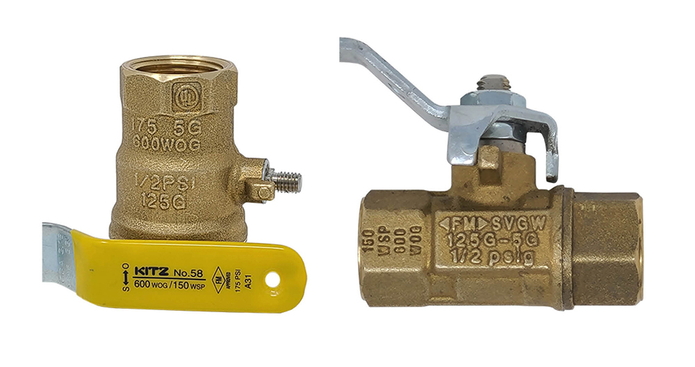 Two images of valves with valve markings. The first one has markings that read “175 5G, 600 WOG, ½ PSI, 125 G”. The second one has markings that read “150 USP 000 WOG, FM SVGW, 125 G-5G, ½ psig”.