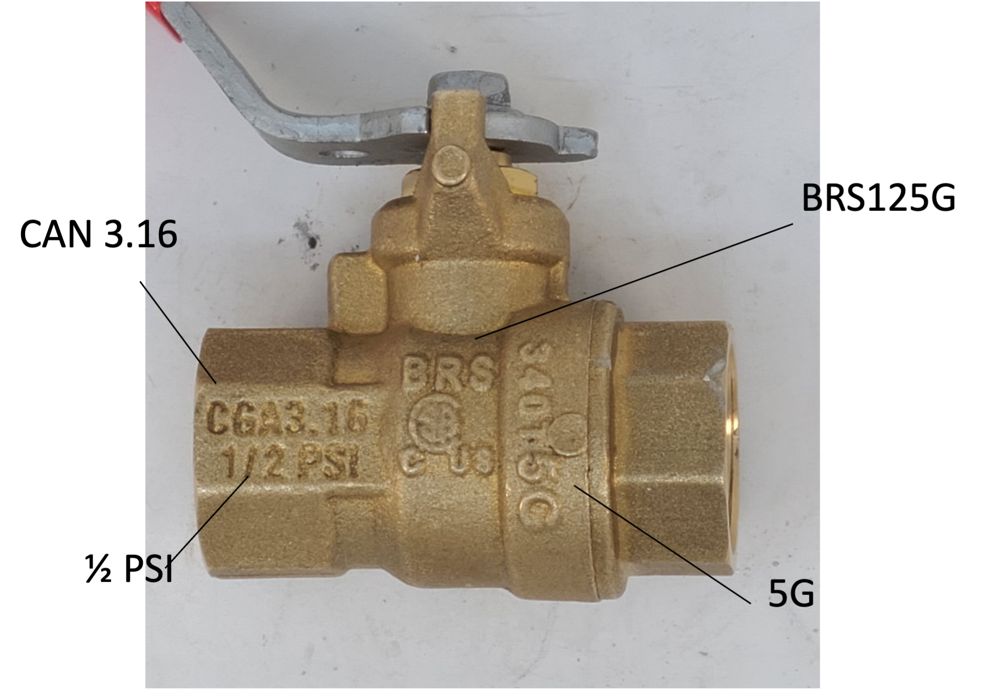 A valve highlighting the markings engraved on it. The markings on this valve are CAN 3.16, ½ PSI, BRS125G, and 5G.