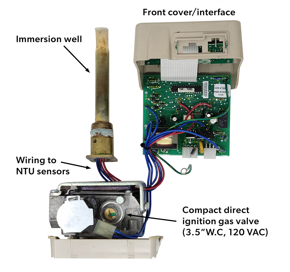 A disassembled electric gas valve. The front cover/interface, immersion well, wiring to NTU sensors, and compact direct ignition gas valve (3.5 inch W.C., 120 VAC) are labelled.