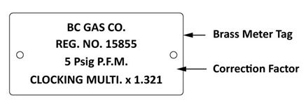 The tag reads "BC GAS CO. REG. NO.15855" 5 Psig P.F.M. CLOCKING MULTI. x 1.321
