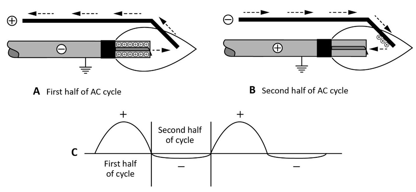 9A: first half of AC circle. 9B" second half of AC circle. 9C shows the changes of ion charge of the full cycle