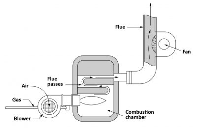 combustion chamber with both an upstream blower and a down stream fan.