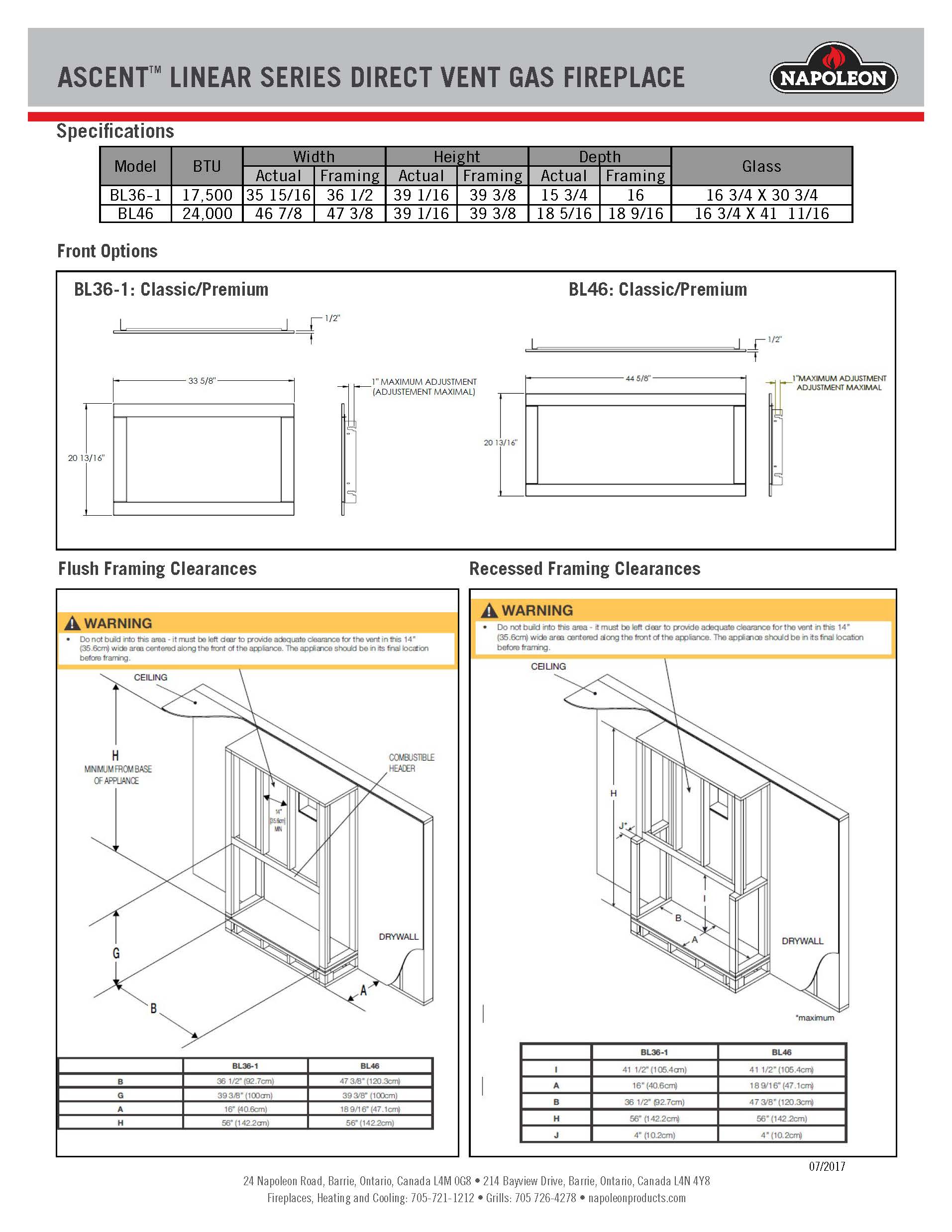 Napoleon Ascent linear series direct vent gas fireplace specifications