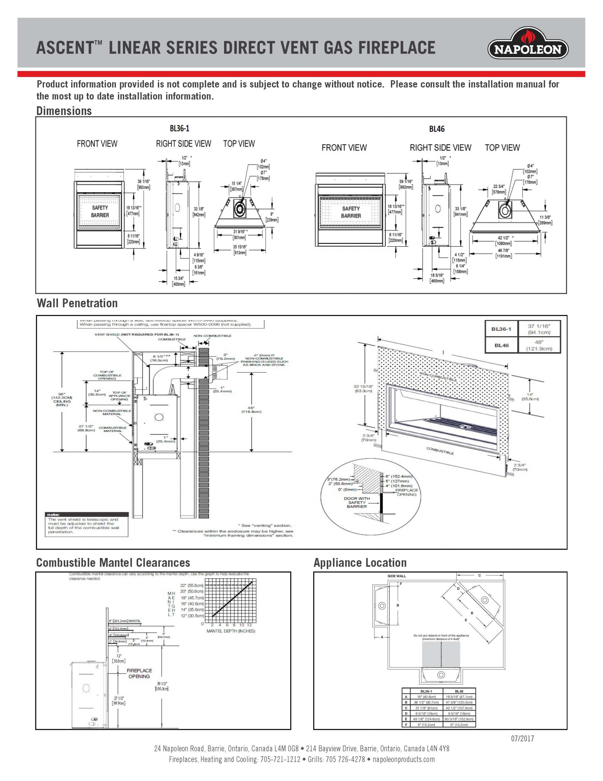 Napoleon Ascent linear series direct vent gas fireplace dimensions and wall protection