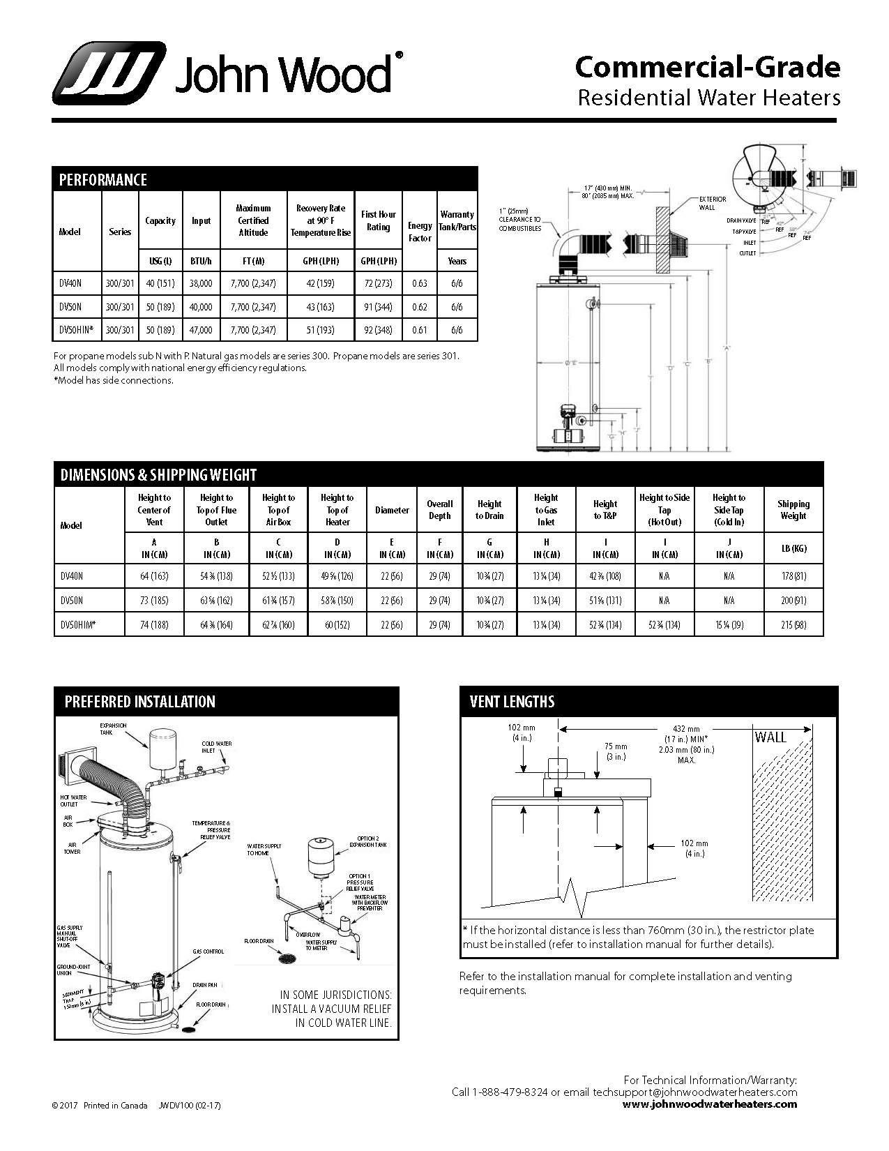 John Wood commercial grade residential water heaters specifications sheet