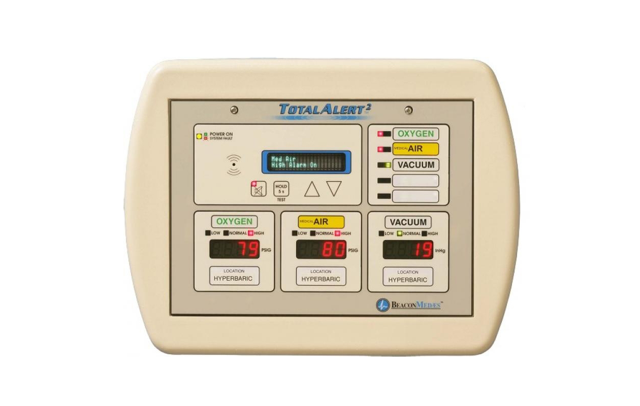 The master alarm panel shows the status of oxygen, medical air, and vacuum. The panel pictured shows that oxygen is high at 79 PSIG, medical air is high at 80 PSIG, and vacuum is normal at 19 inHg. The location of all three are Hyperbaric. A screen on the panel reads “Med Air. High Alarm On”.
