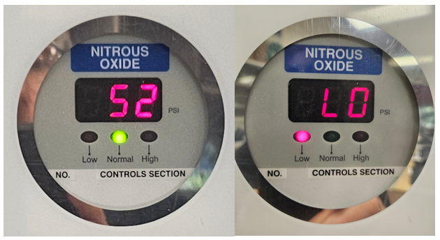 Two examples of zone alarm pressure displays for nitrous oxide. On the left it reads normal at 52 PSI.  On the right it reads low and simply says “LO” PSI.
