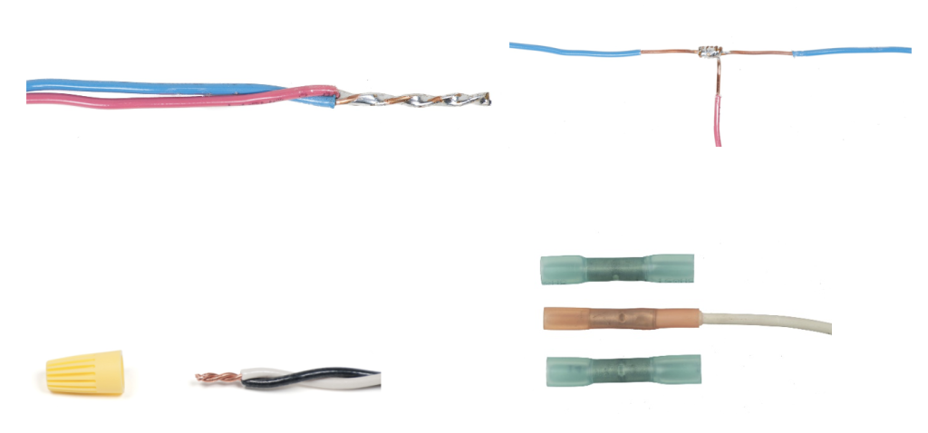 Four examples of acceptable wiring connections. Top left are two wires that are just twisted together. Bottom left has a Marrette wire connection, with two wires twisted together and a yellow marrette cap to screw onto those wires. Top right has three wires that have been soldered together at the ends. Bottom right is an example of a heat-shrink butt connector. A butt connector is a tube with plastic openings on either side and a metal connecting piece in the middle. You insert a stripped wire on either side into the metal connector and then heat the plastic tubing so it melts and makes a tight seal around the wire.