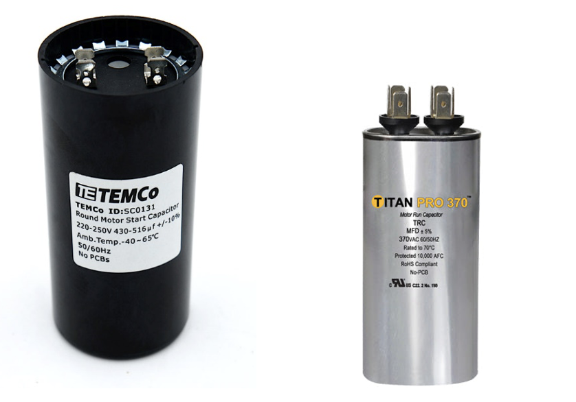 A start capacitor and a run capacitor. The start capacitor is a TemCo SC0131 Round Motor Start Capacitor. The run capacitor is a Titan pro 370 motor run capacitor.