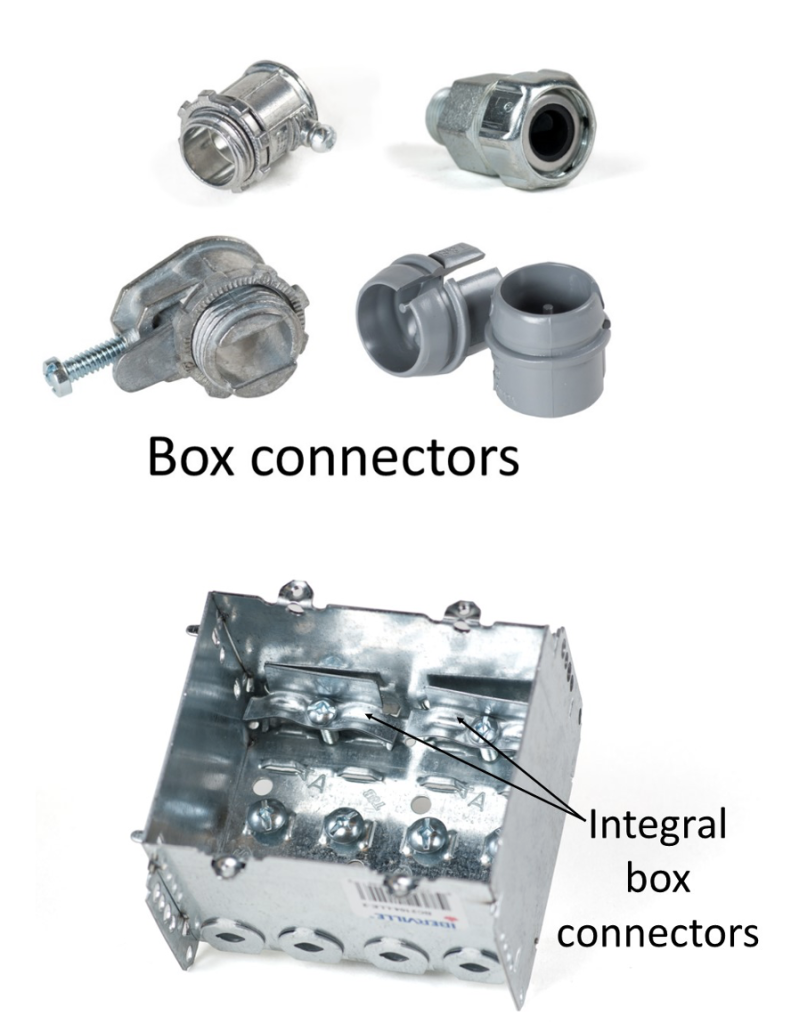 A box with integral box connectors (bottom) and four examples of box connectors (top).