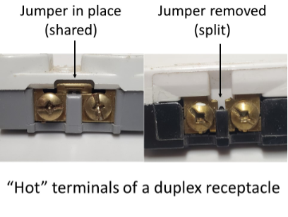 “Hot” terminals, one with a jumper in place (shared) on the left, and the other with the jumper removed (split) on the left.