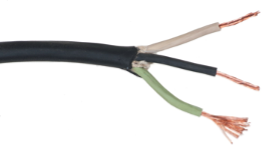 A flexible cord or extension cord. It has a black sheath that houses three wires (green, black, and grey).
