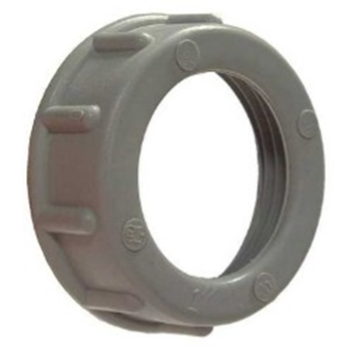 A dielectric bushing for a threaded conduit. It is a round, grey plastic cap with a round opening. On the back side are the threads to screw it onto something.