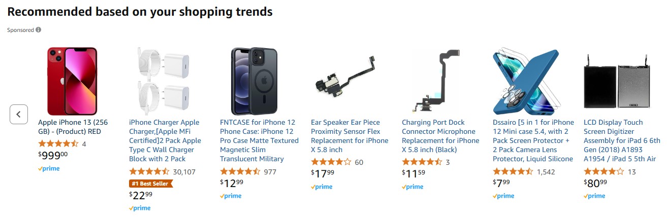 Images from Amazon showing Apple accessories like chargers, cases, microphones.